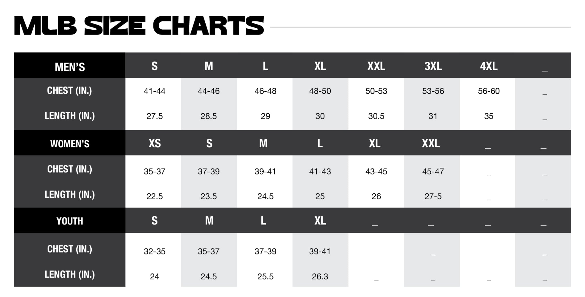 MLB Size Charts