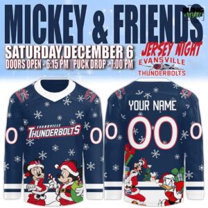 Evansville Thunderbolts Mickey Merry Christmas 2025 Hockey Jersey