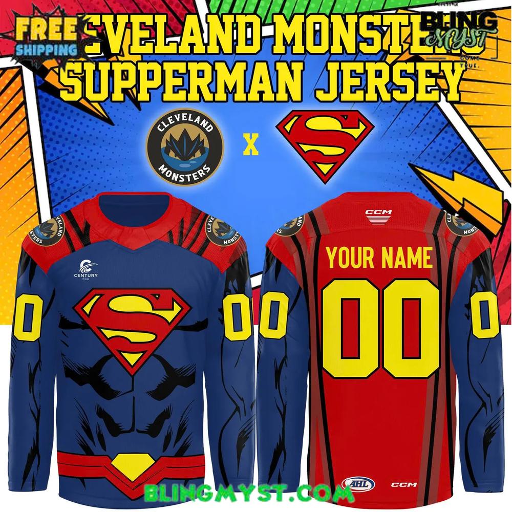 Cleveland Monsters Superman Special Edition Hockey Jersey Cleveland Monsters Superman Special Edition Hockey Jersey