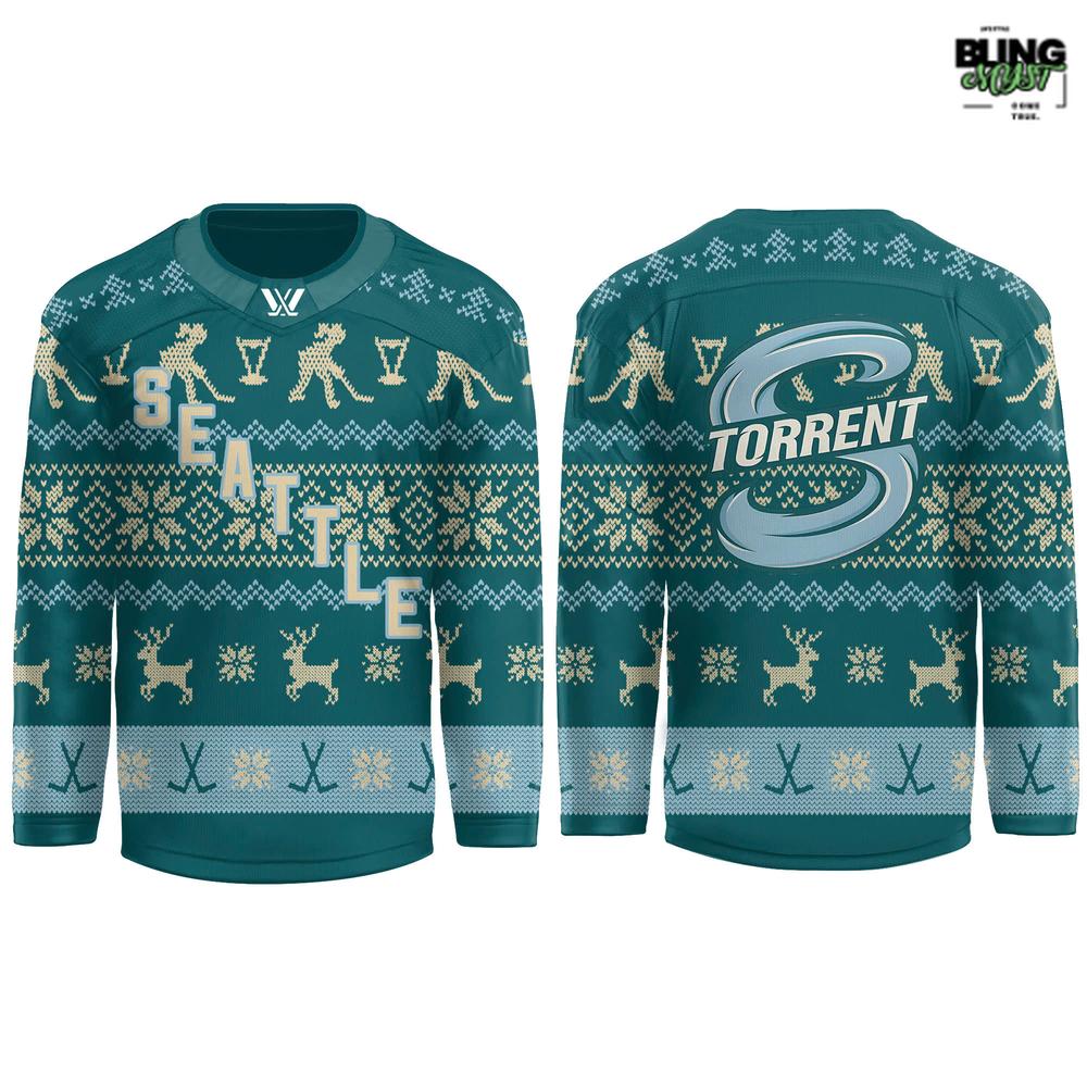 PWHL Seattle Torrent Christmas Holiday 2025 Ugly Hockey Jersey PWHL Seattle Torrent Christmas Holiday 2025 Ugly Hockey Jersey